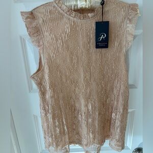 Adrianna Papell NWT Sleeveless Blouse Ruffle Neck Pleated Champagne Medium Lace
